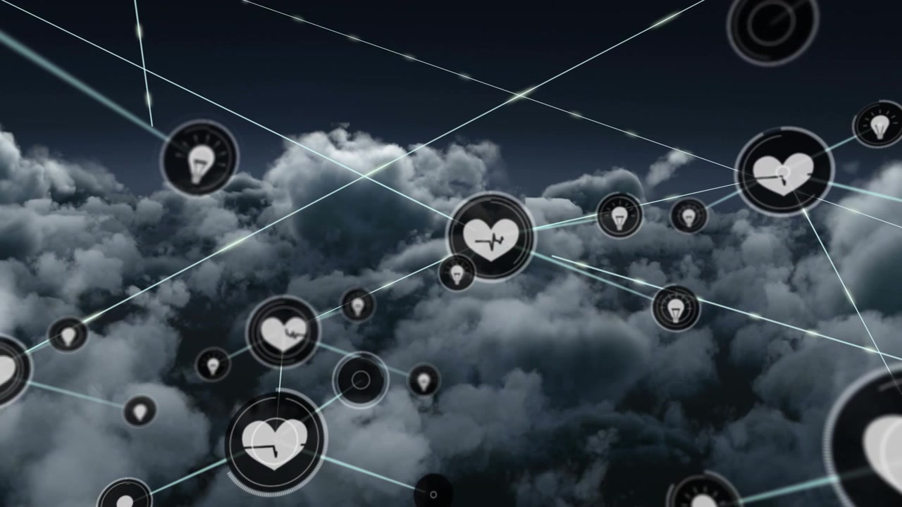 Animazione di una rete di connessioni con icone su un cielo con nuvole