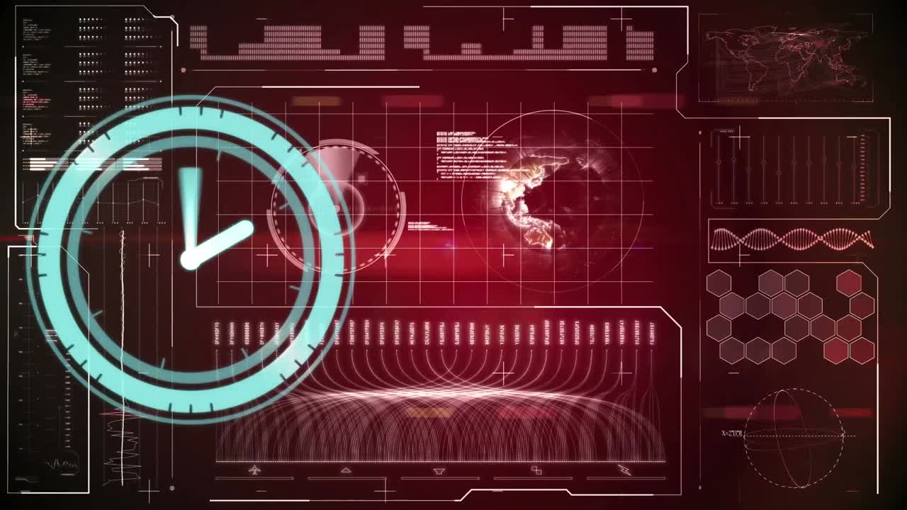 animación de reloj que se mueve rápido y procesamiento de datos con el globo en la pantalla