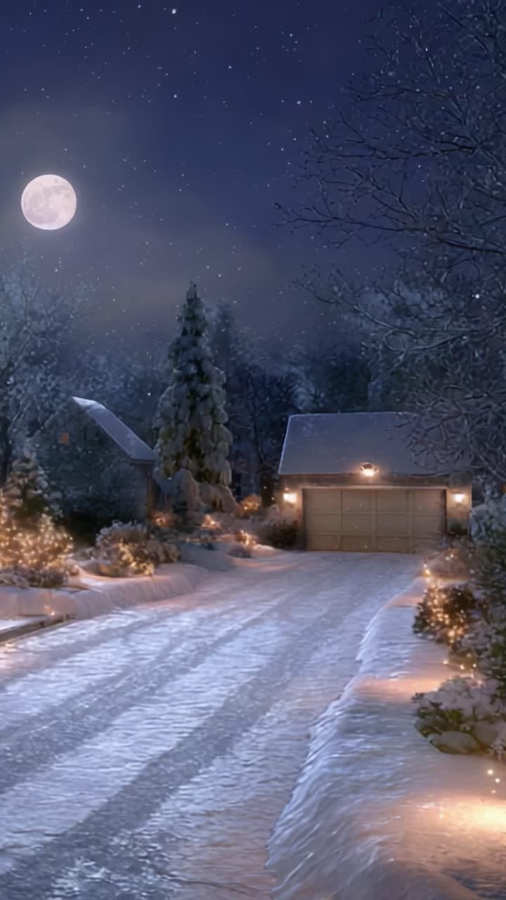 Cena de noite de inverno encantadora com uma lua brilhante, entrada de automóveis coberta de neve e luzes cintilantes nas árvores, criando uma atmosfera mágica de feriado