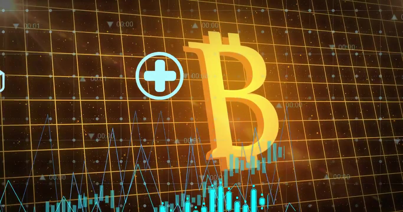 Displaying gold Bitcoin symbol anchoring right on orange grid, chart fluctuating with blue icons