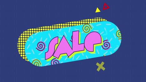 animation of sale text and circular in abstract pattern with geometric shapes on blue background