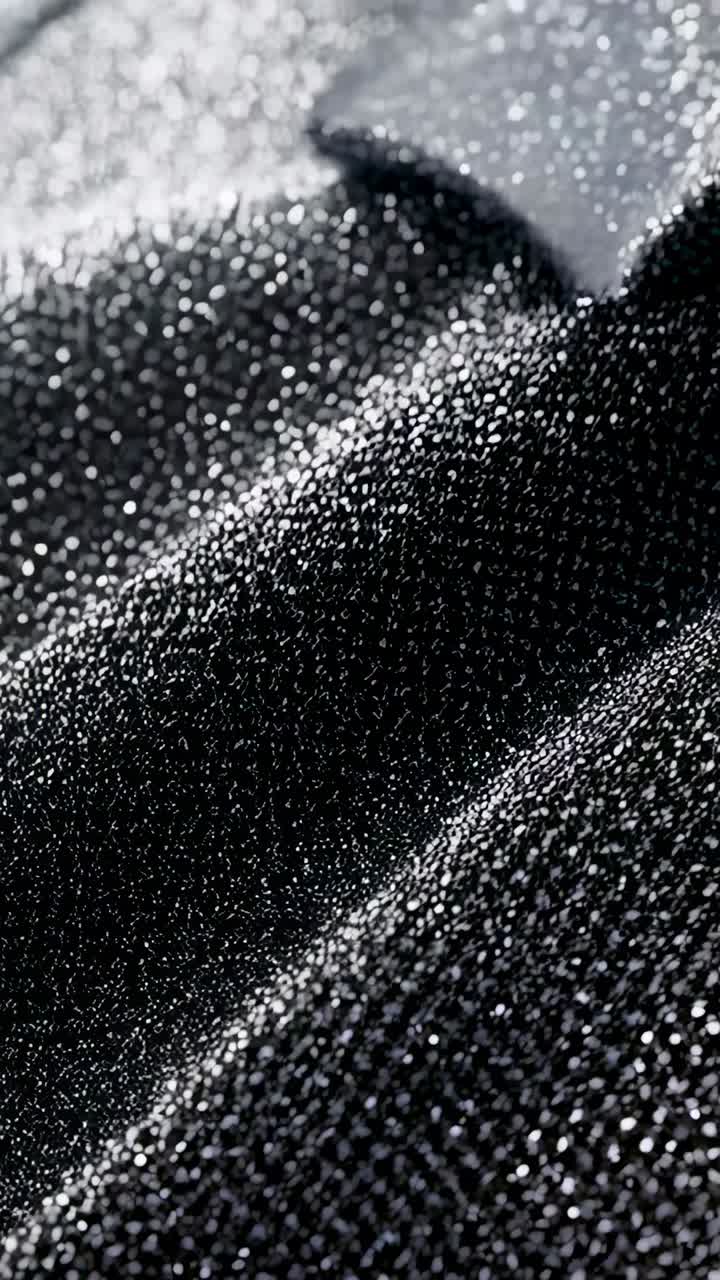 Vertical video: Shifting light moving glints across macro black fabric in studio, forming ridge