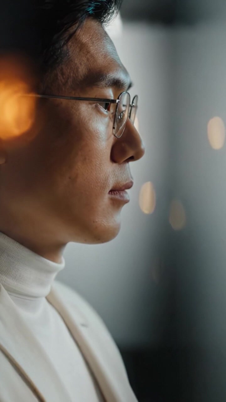 Profilo contemplativo di un uomo in abiti moderni, catturato con illuminazione soffusa, con un focus sui suoi occhiali e un'espressione pensierosa che riflette profondità e intuizione.