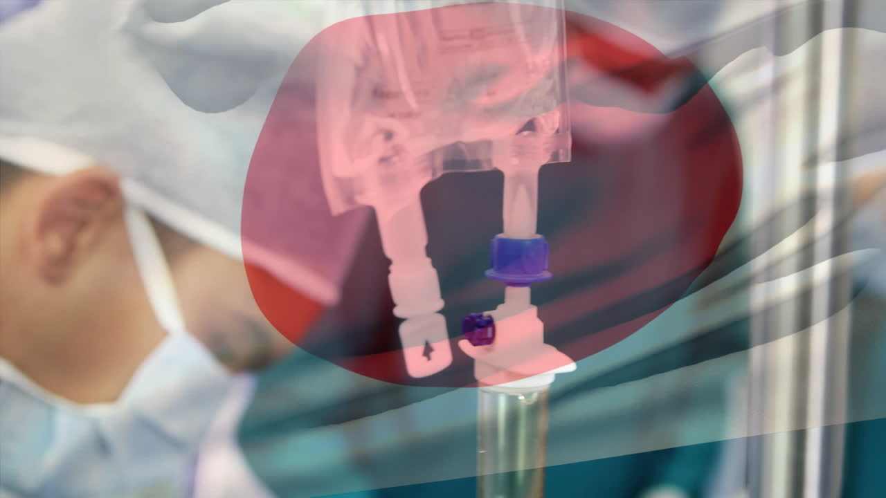 수술실 에서 외과 의사 들 위 에 흔들리는 일본 국기 의 애니메이션