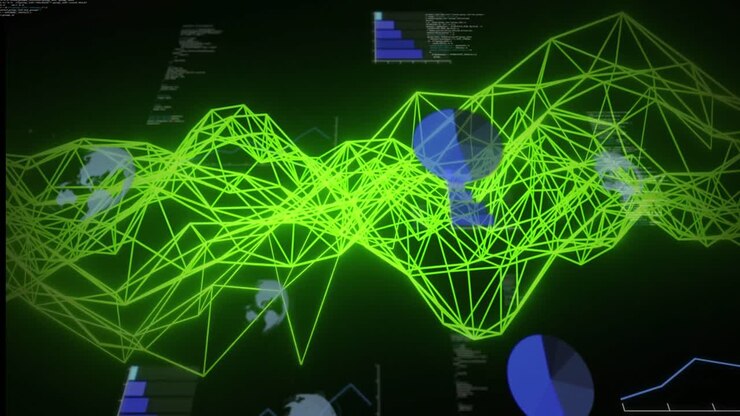 Animation of neon green digital wave and statistical data processing against black background