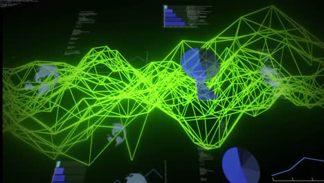 animación de onda digital verde neón y procesamiento de datos estadísticos contra un fondo negro.