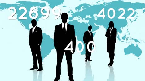 animation of numbers growing over world map and silhouettes on blue background.