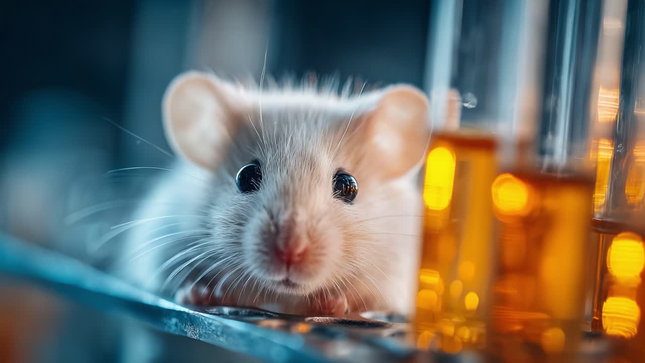 A Close-Up View of a Curious White Laboratory Mouse Surrounded by Colorful Test Tubes in a Scientific Research Environment