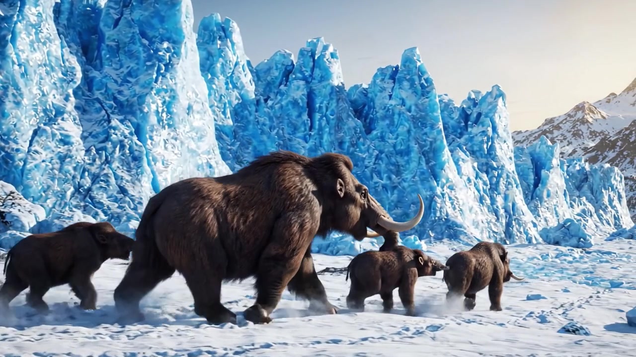 En Majestætisk Uldhåret Mammut Fører Sine Legesyge Unger Gennem et Betagende Isfyldt Landskab, Omgivet af Tårnhøje Blå Gletsjere og Funklende Sne Under en Lys, Klar Himmel