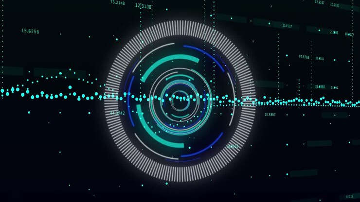Animation of scope scanning and financial data processing over black background