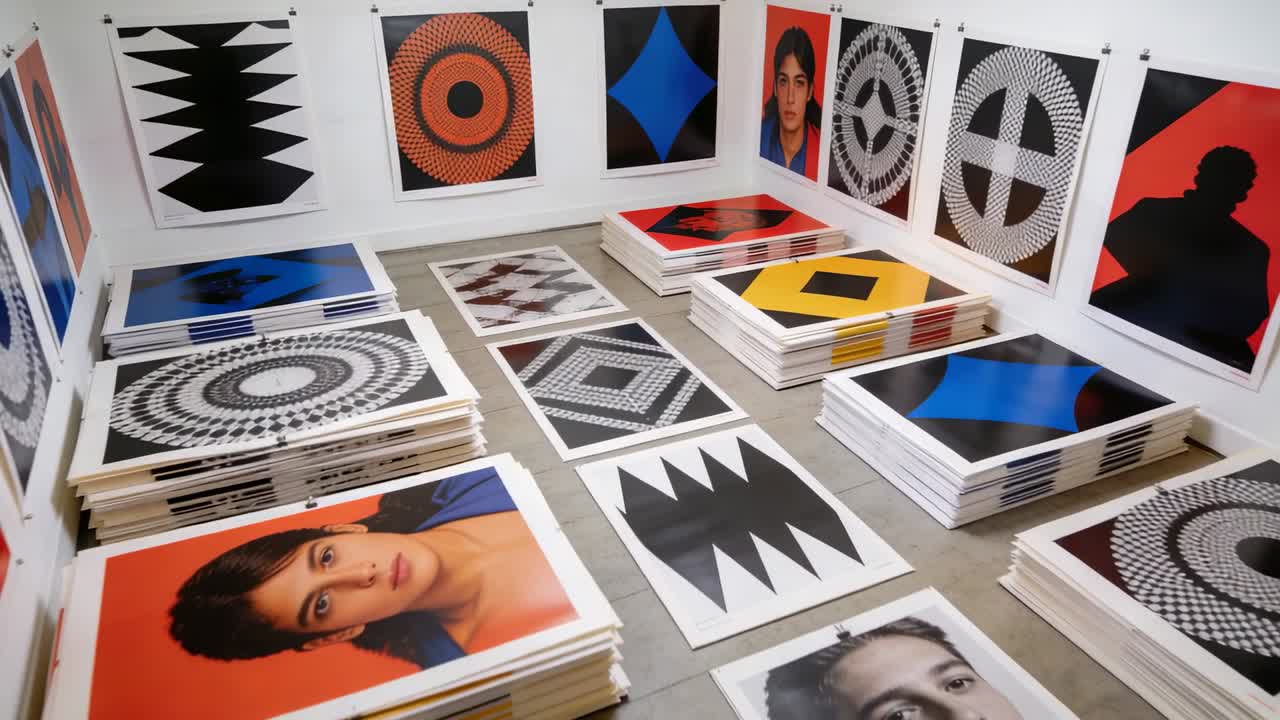 Panning camera revealing stacked art prints on gallery floor, pinned works and blue-clad portrait