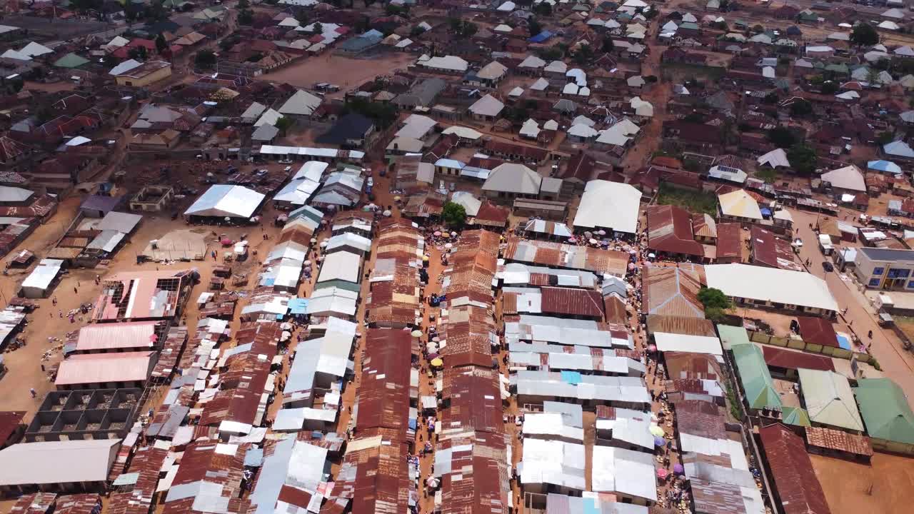 Beautiful aerial of market in a small shanty town in Karshi, Nigeria on a sunny day