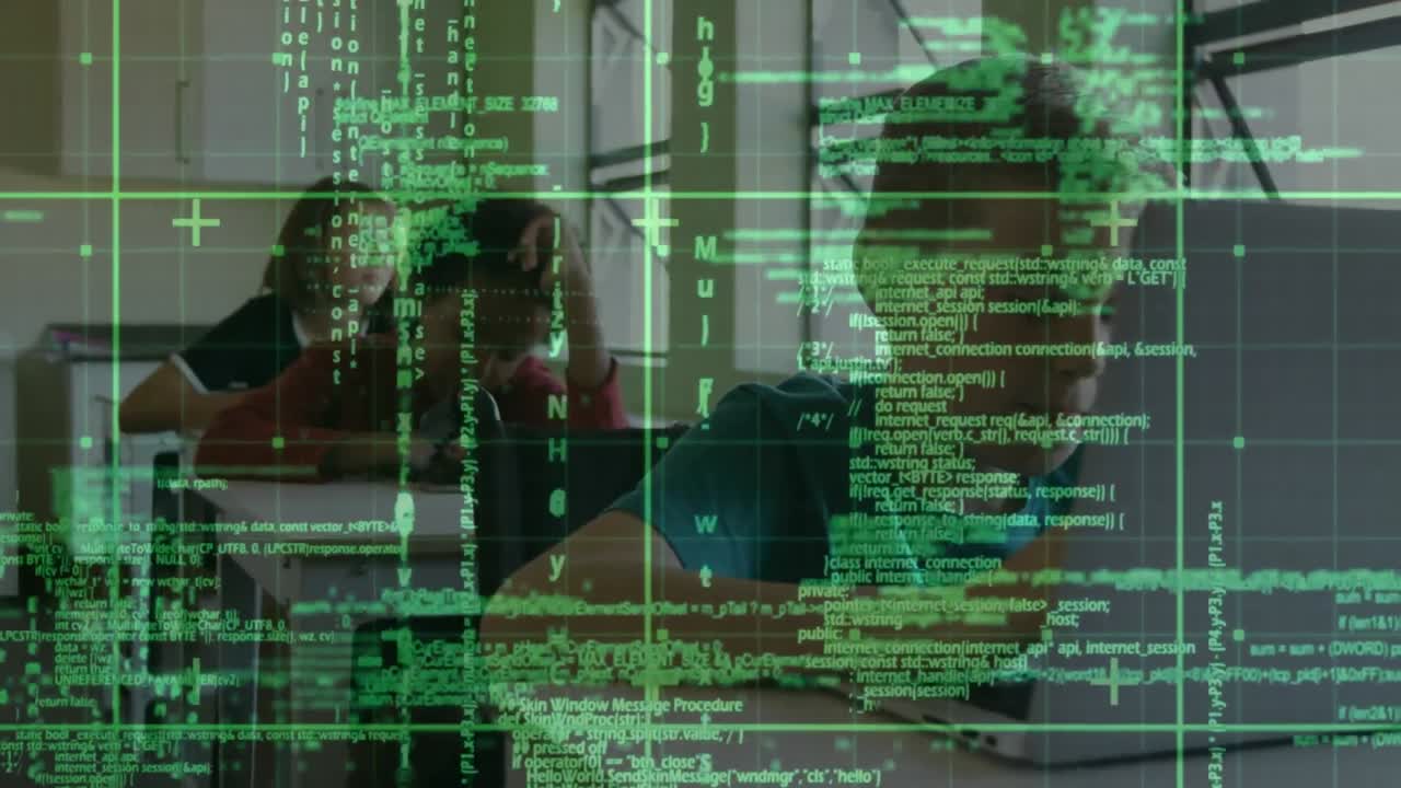 Animation of data processing over diverse schoolchildren using laptop
