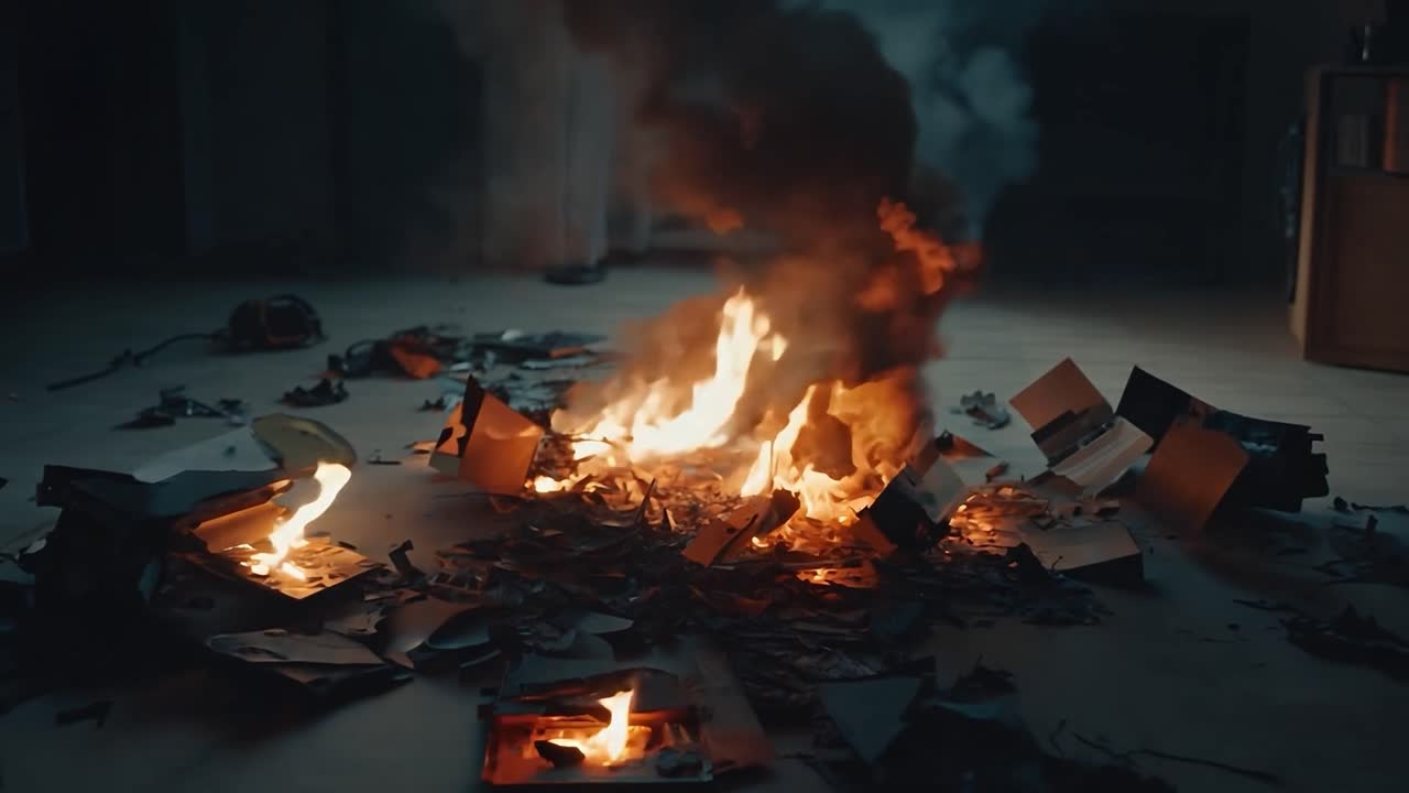 Fire consumes a pile of cardboard boxes, filling an empty room with smoke and creating a dangerous blaze