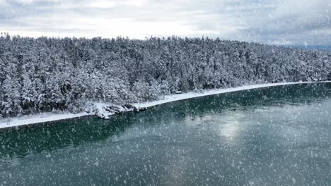 aerial view of whidbey island's shoreline with snow actively falling