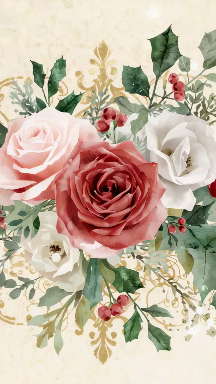 Video verticale: panoramica di bouquet dipinto su sfondo color crema, zoom sulla rosa rossa con brillantini