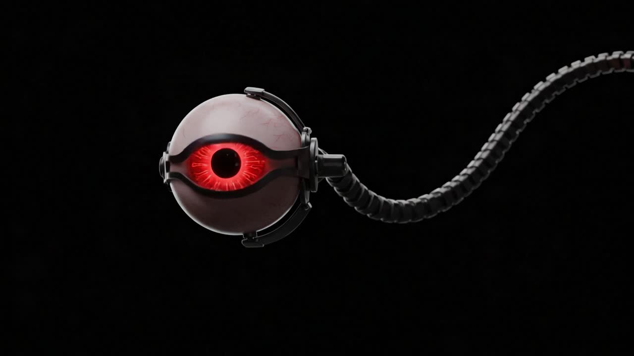 A Captivating Close-Up of a Mechanical Eye: Exploring the Intricate Design and Futuristic Features of a High-Tech Surveillance Device with a Striking Red Iris