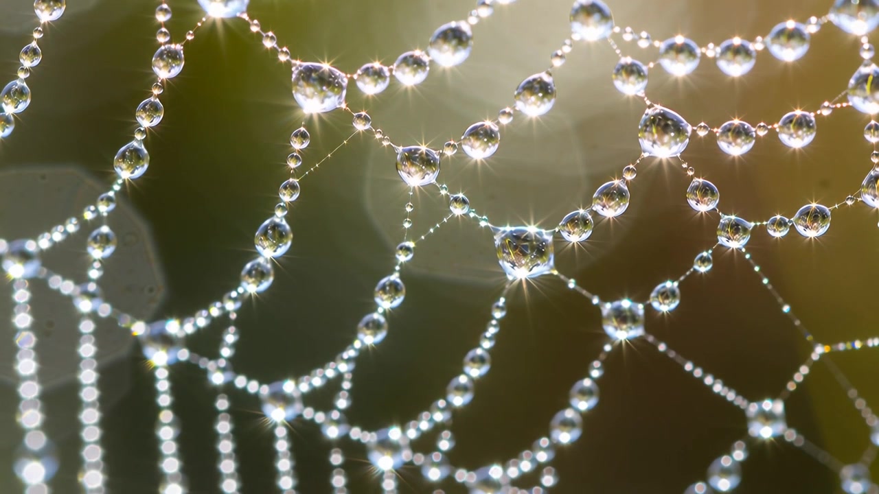 La telecamera si sposta rivelando una ragnatela in un giardino mattutino, evidenziando la geometria delle goccioline di rugiada e il bokeh esagonale.