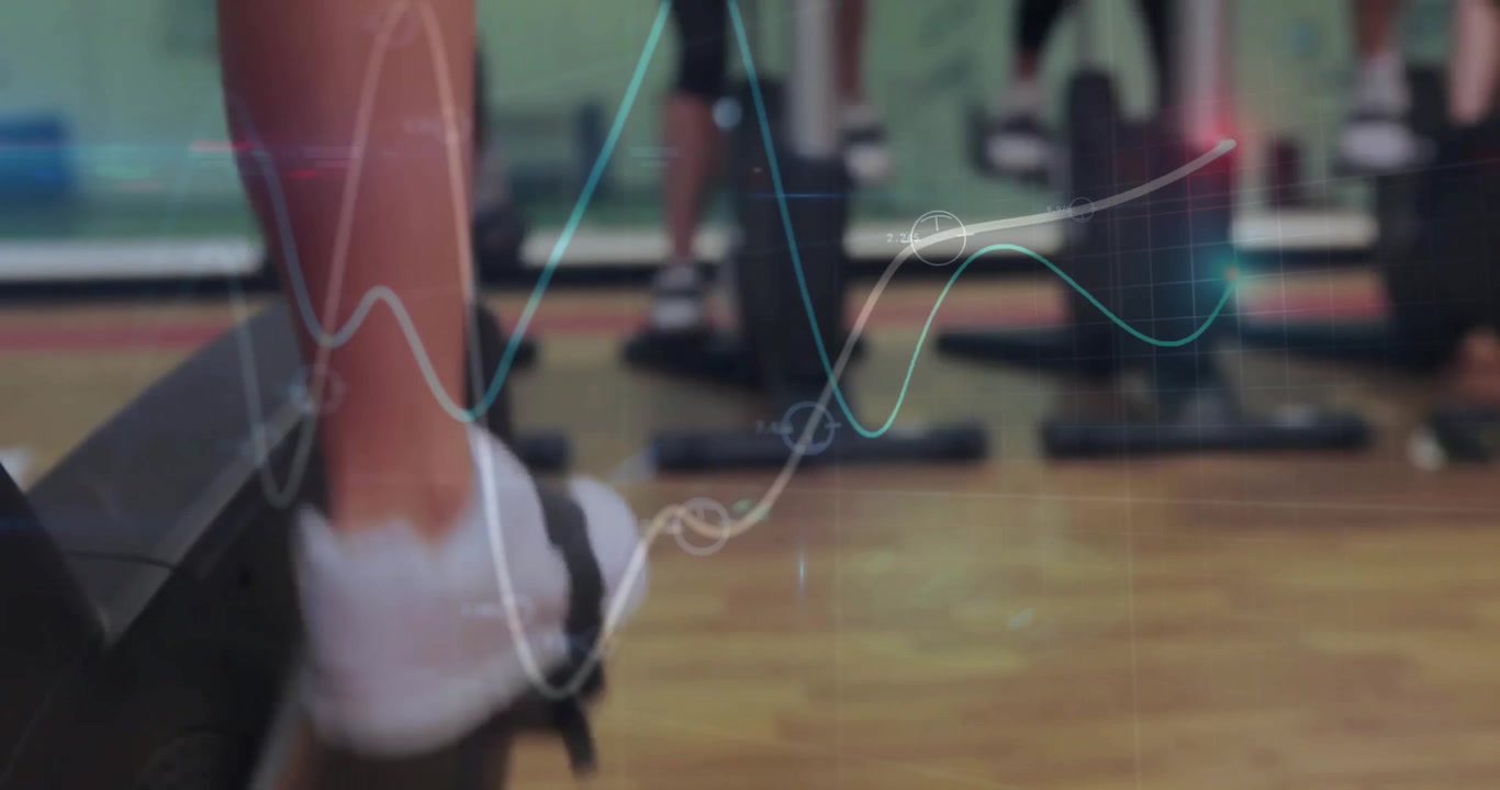 Line-graph overlay appearing pulsing as exerciser rocking heels on stepper tracking cardio motion