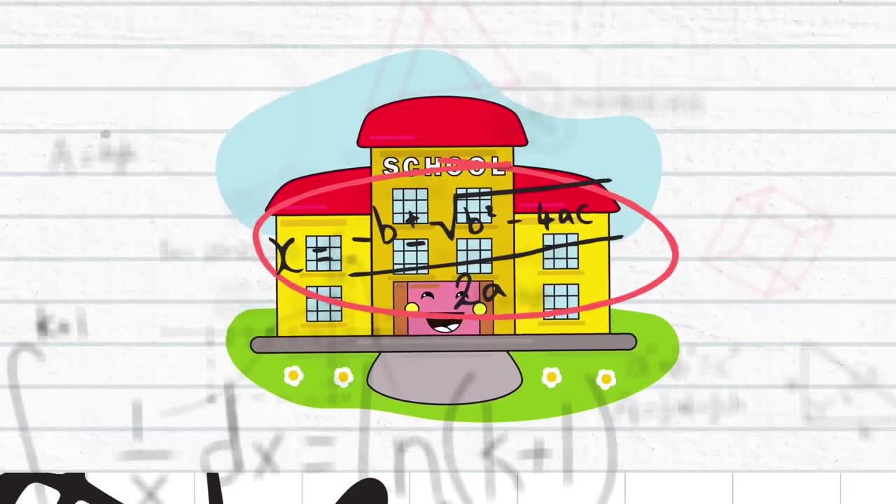 배경 에  ⁇  라인 된 종이 에 있는 학교 건물 아이콘 에 반해 떠 있는 수학적 기호 들