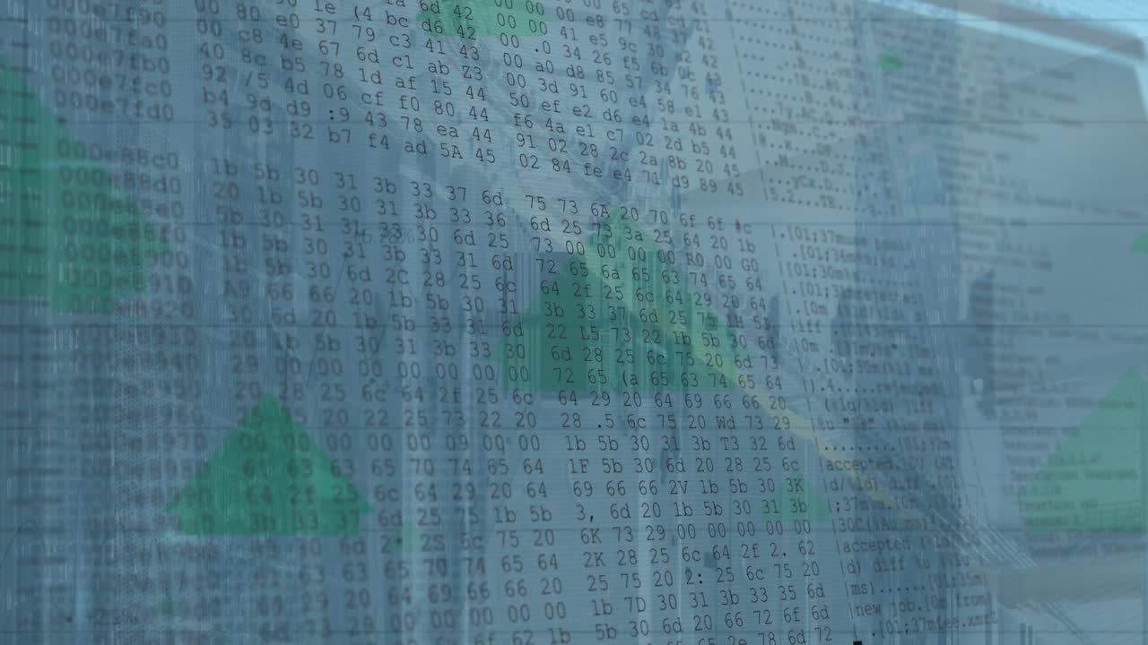 animación de flecha moviéndose hacia arriba y procesamiento de datos contra la sala de servidores de computadora.