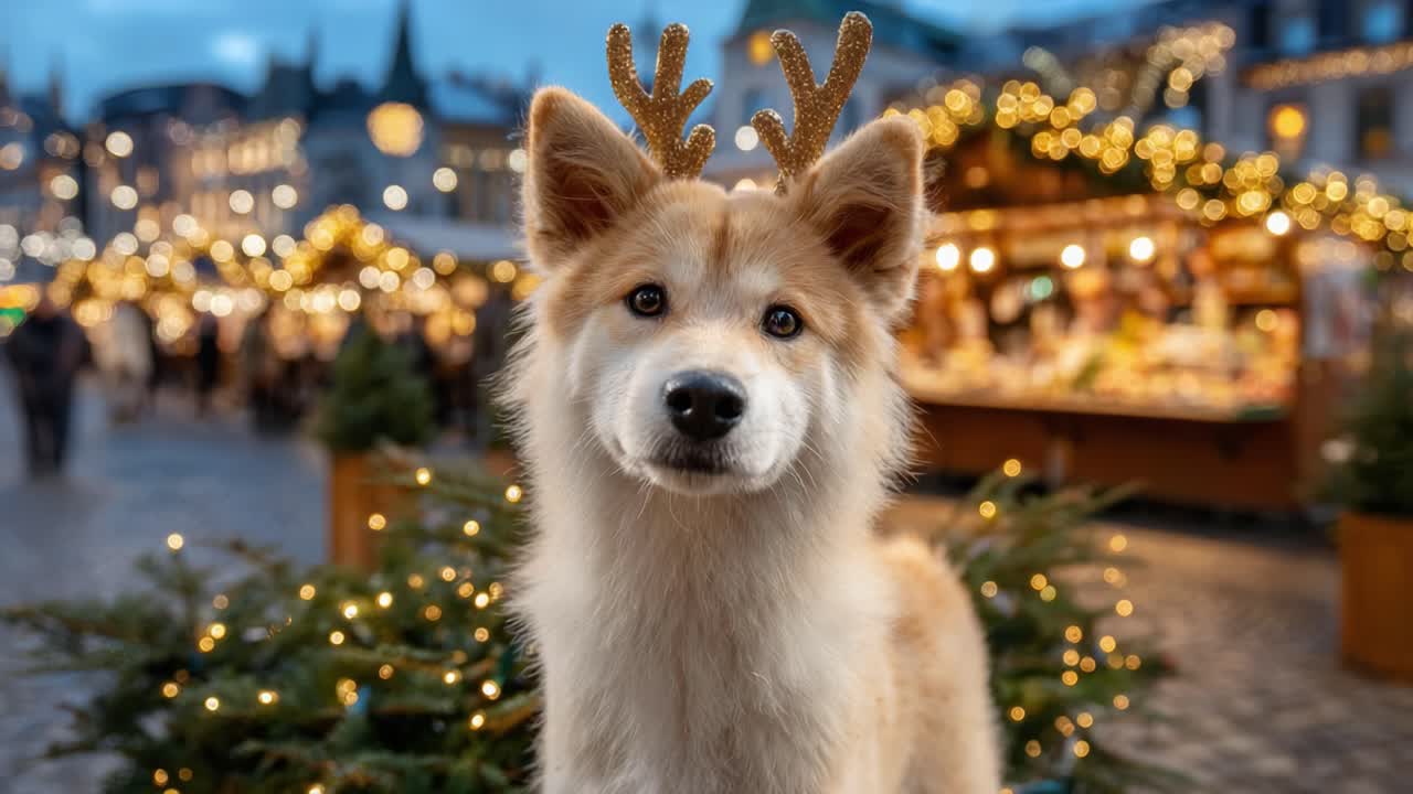 Adorable Dog with Antlers Brings Holiday Cheer Against a Festive Market Background Illuminated by Twinkling Lights