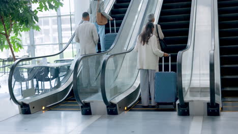 airport, back and corporate people on an escalator