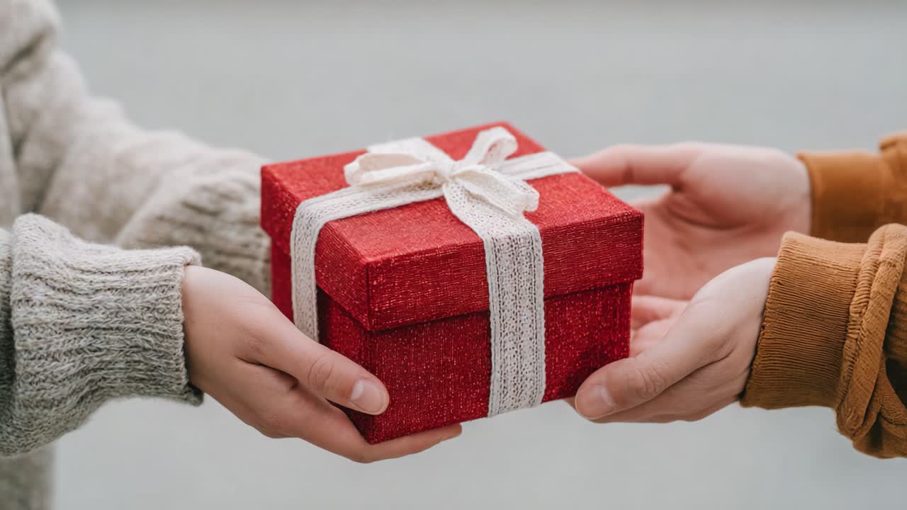 La gioia di donare: due mani che si scambiano una scatola regalo rossa splendidamente incartata, a simboleggiare premura e celebrazione in un momento commovente.