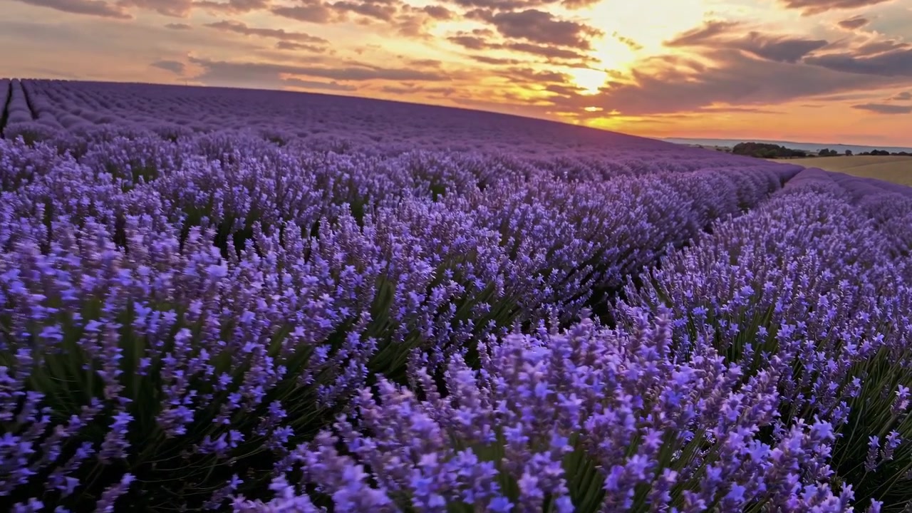 Vivace campo di lavanda al tramonto in Provenza