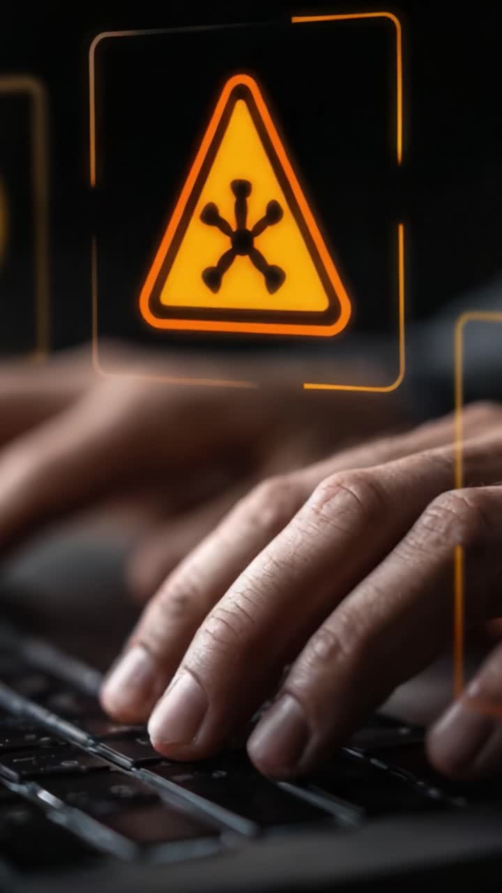 Cybersecurity-advarsel: Hænder på tastaturet med advarselssymboler, der signalerer potentielle trusler i et mørkt miljø