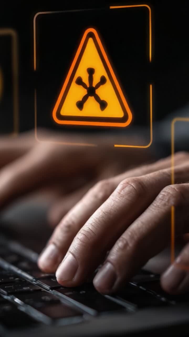 Cybersecurity Alert: Hands on Keyboard Interacting with Warning Symbols Signaling Potential Threats in a Dark Environment