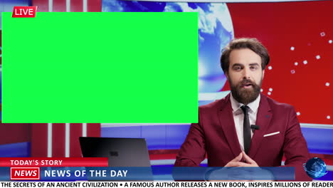 reporter presents news with greenscreen