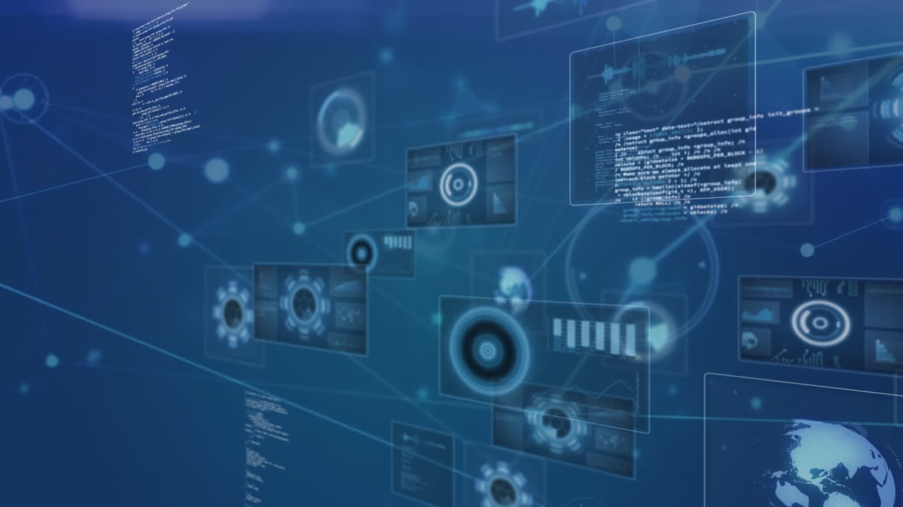 둥근 스캐너를 통해 연결 네트워크의 애니메이션과 파란색 배경의 데이터 처리