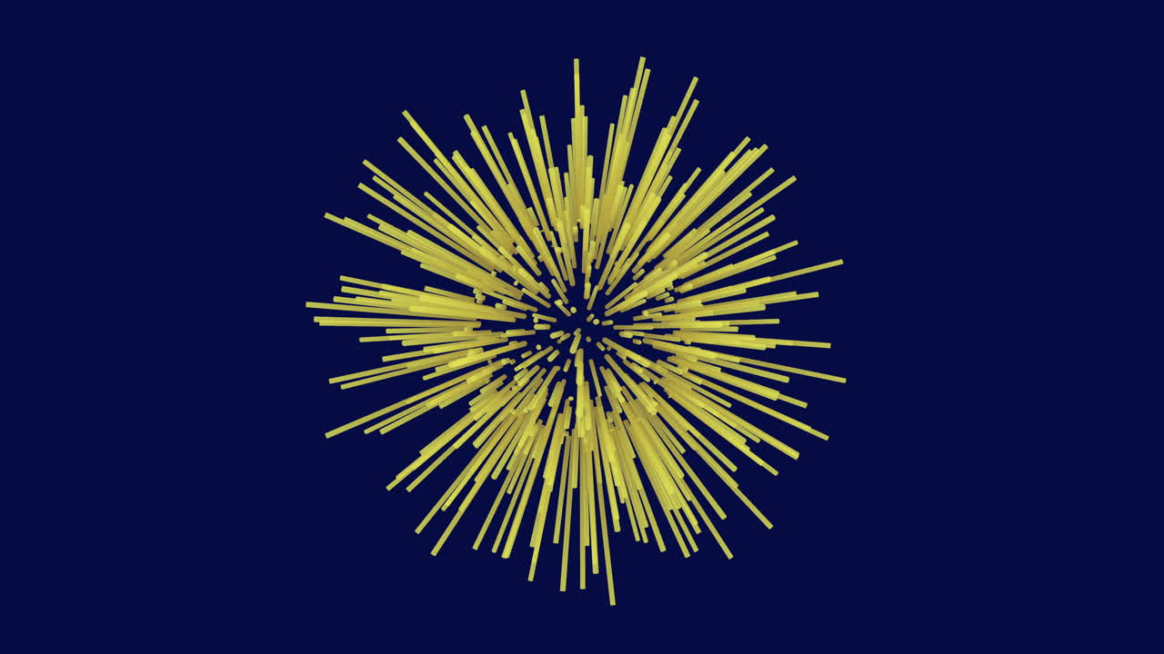 Esplosione stellare astratta dinamica composta da aste dorate che si irradiano dal centro su uno sfondo blu scuro, ideale per motion design, celebrazioni, concetti energetici e sigle di apertura.