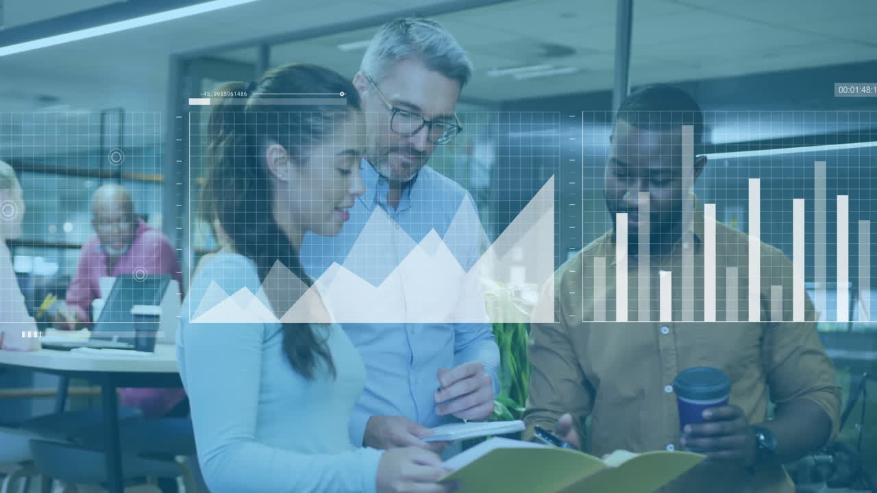 Group of professionals reviewing documents in business office, showing animated bar and line charts
