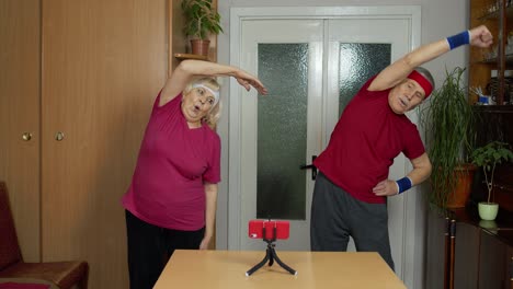 Elderly-man-woman-doing-fitness-exercises-starting-live-stream,-vlog,-blog,-online-distance-course