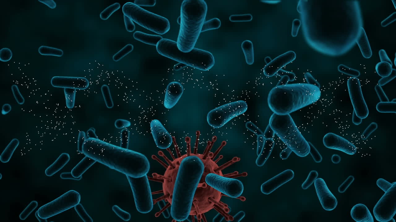 animación digital de la célula de covid-19 girando contra los vasos sanguíneos flotando contra un fondo azul