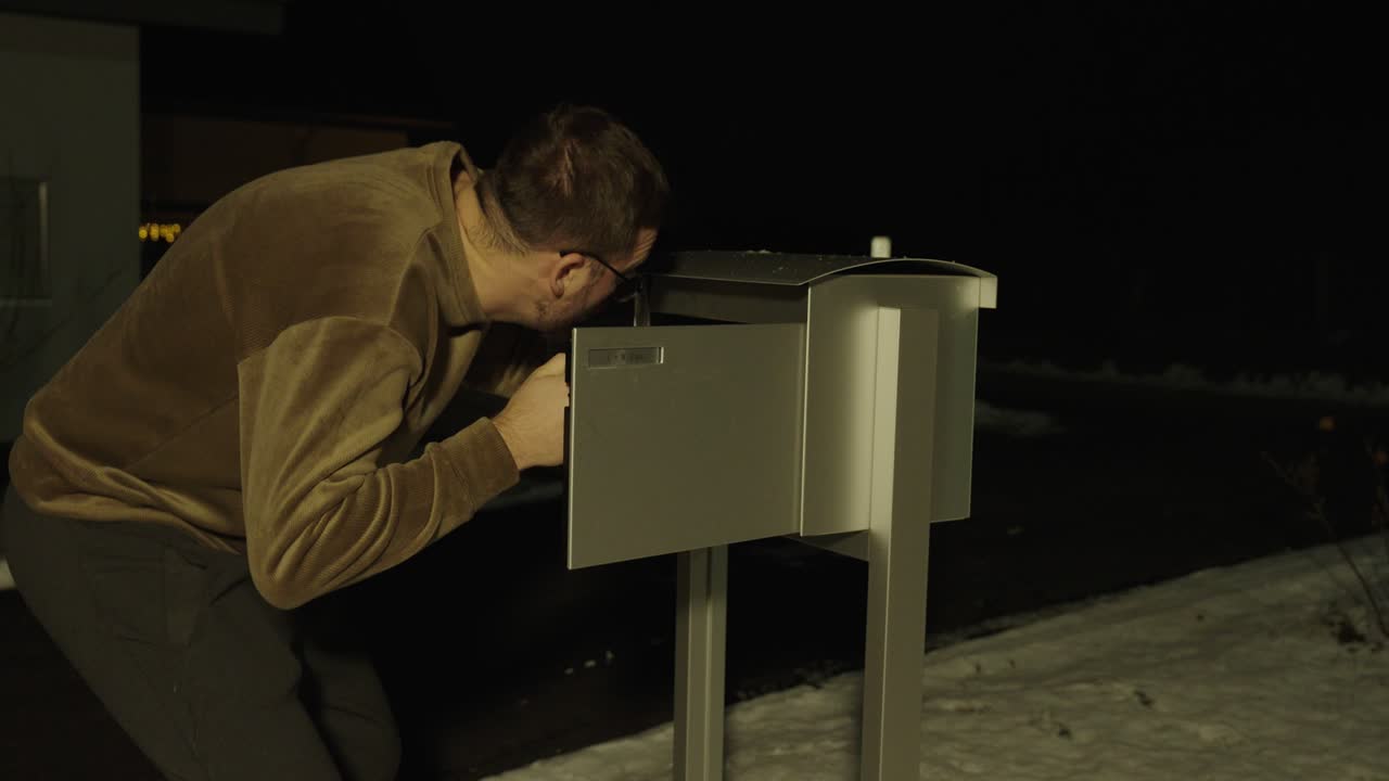 A man retrieves mail outdoors at night without a jacket, visibly feeling cold. Concept of winter discomfort, low temperatures, nighttime routine, and everyday vulnerability