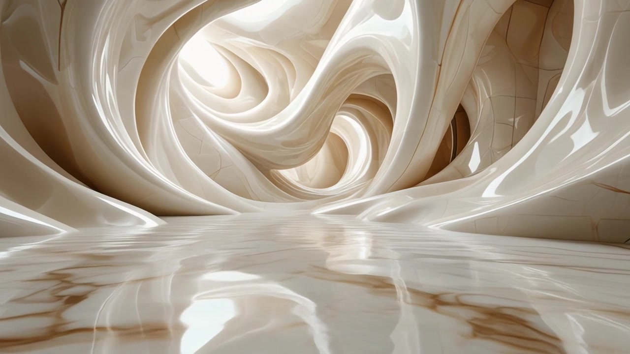 Spazio architettonico astratto con curve organiche fluide e texture di marmo