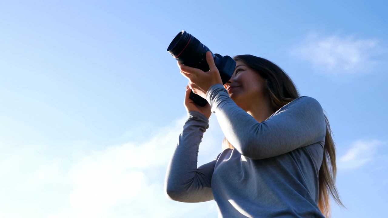 Young woman lifts DSLR camera to eye level and looks upward while holding body and lens with steady hands, shown from low close-up viewpoint against bright blue sky with soft clouds and strong