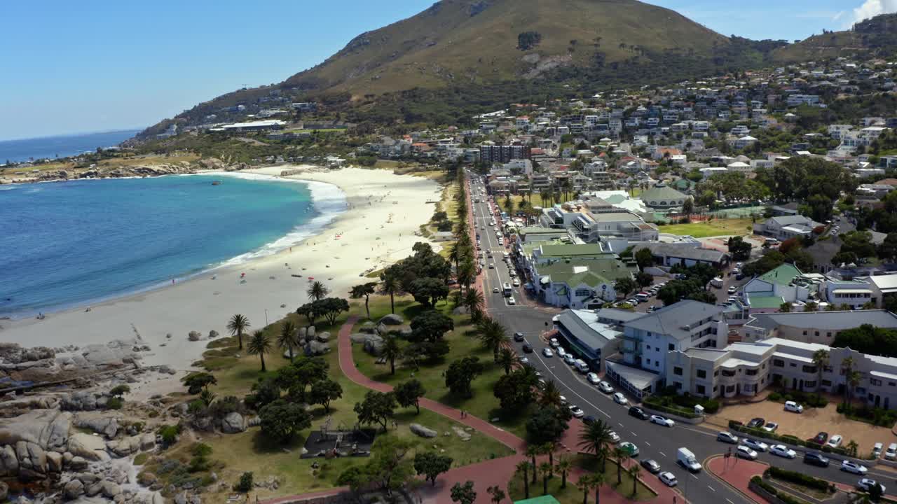 drone video of capetown beach with the lions head mountain