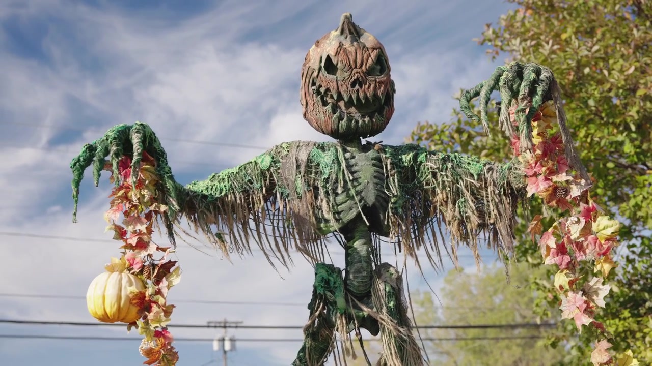 Close-up Halloween scarecrow with pumpkin head and autumn decorations