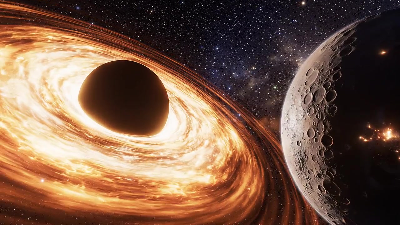 Massive black hole with glowing accretion disk near dark planet