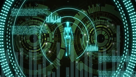 animación del procesamiento de datos y el esqueleto caminando sobre los escáneres