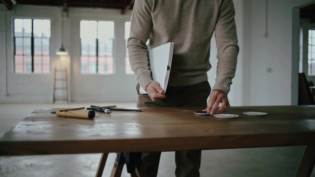 Links komt een man in een beige trui met laptop binnen, die ronde kaarten op een houten tafel rangschikt voor de lay-out.