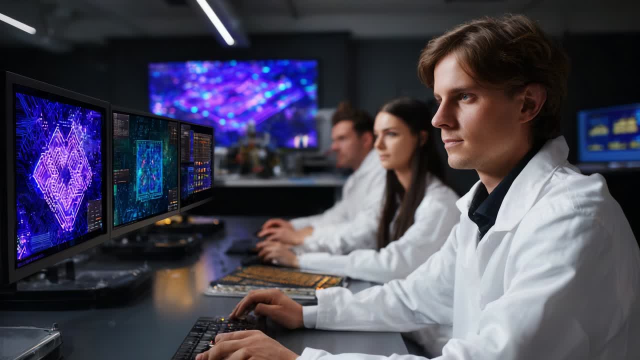 A group of focused scientists in lab coats work diligently on multiple high-tech computer screens, analyzing vibrant data visualizations and complex graphics in a modern laboratory setting, showcasing innovation