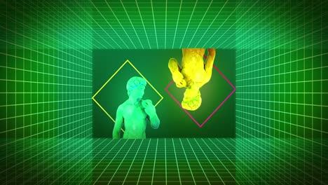 animación de bustos de esculturas antiguas con glitch moviéndose sobre la cuadrícula en un fondo multicolor.