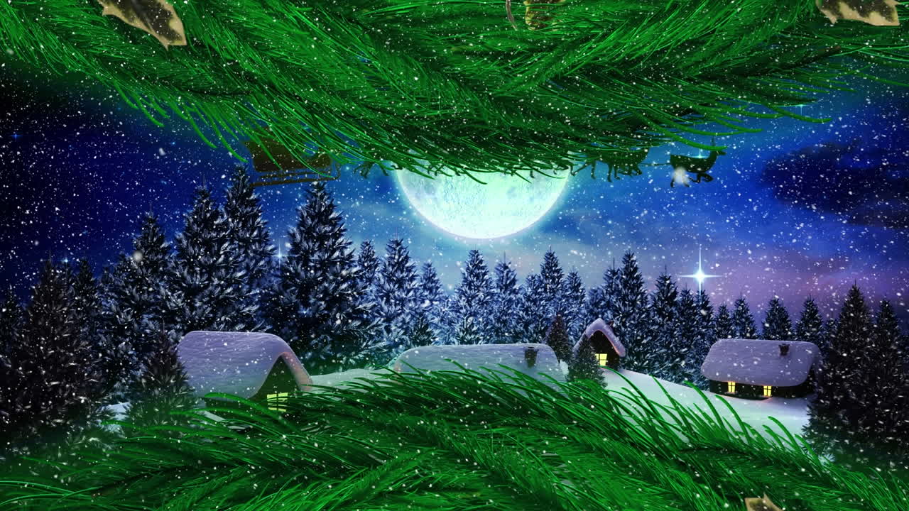 animación de nieve cayendo sobre el paisaje de invierno y decoraciones