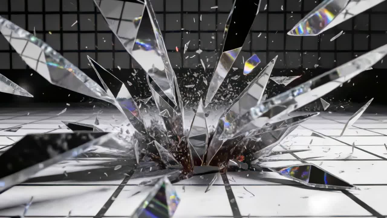 Opening hole launching mirror shards from tiled floor during lab test, sparks appearing