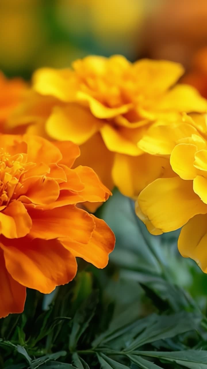 Fiori di Calendula Vivaci in Fiore che Esibiscono Petali Arancioni e Gialli Brillanti, Circondati da Fogliame Verde Rigoglioso, Catturando la Bellezza della Natura in un Primo Piano Colorato.